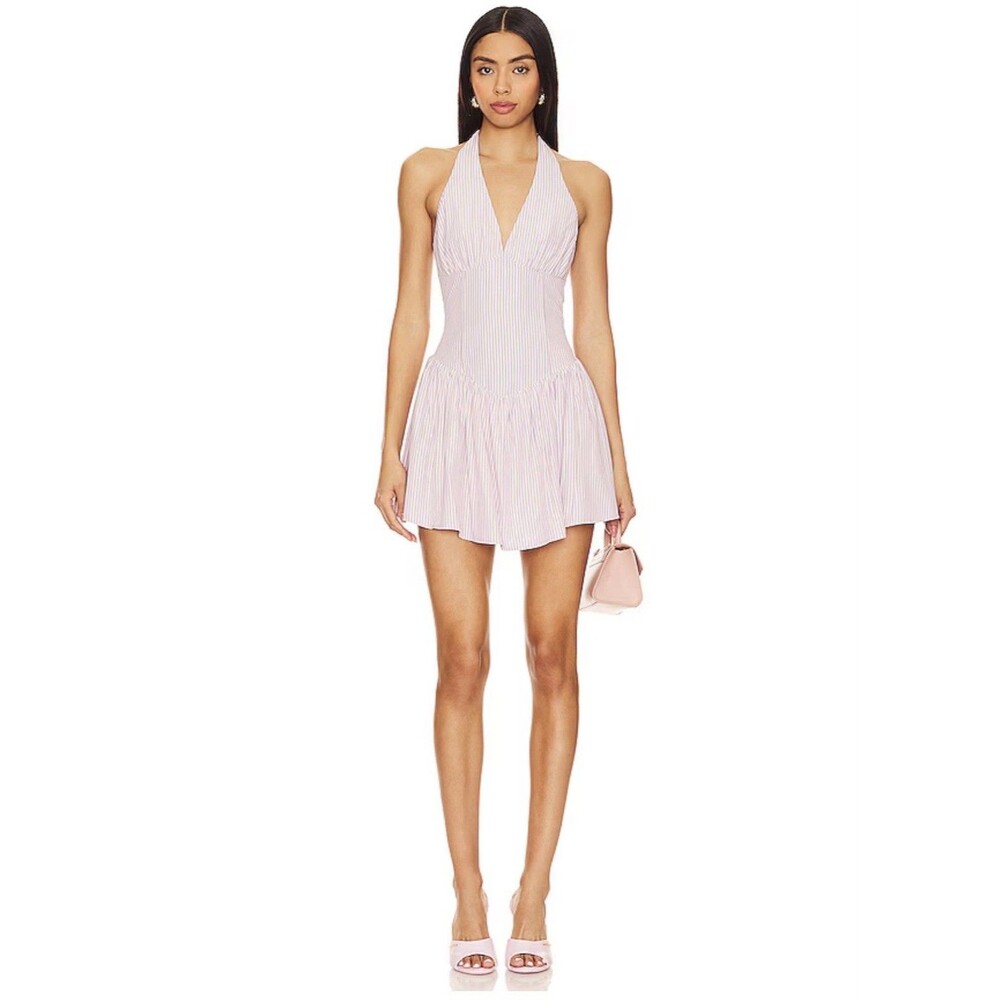 MORE TO COME Yolani Mini Dress XS NWOT Striped Halter Neck Pleated Skirt Revolve